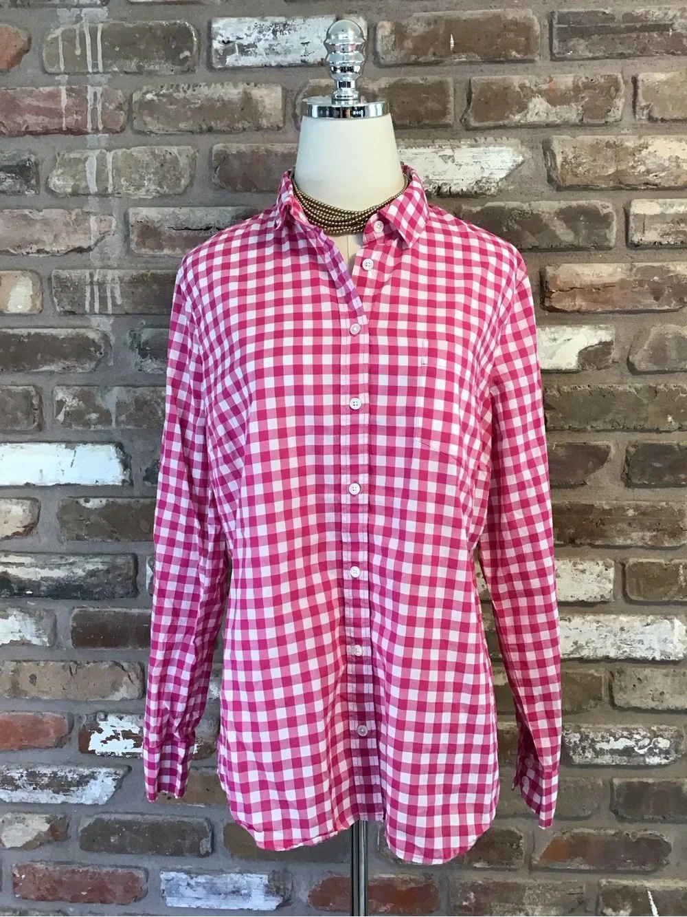 J. CREW Women's Hot Pink & White Gingham Check Button-Down Shirt XL